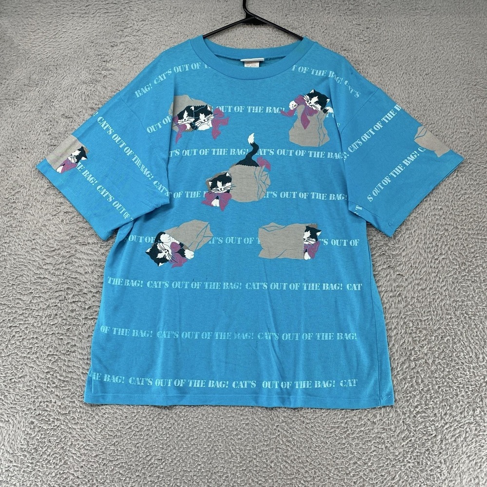 Vintage Crazy Cat Lady T-Shirt Size XL Cat's Out Of The Bag Blue Graphic